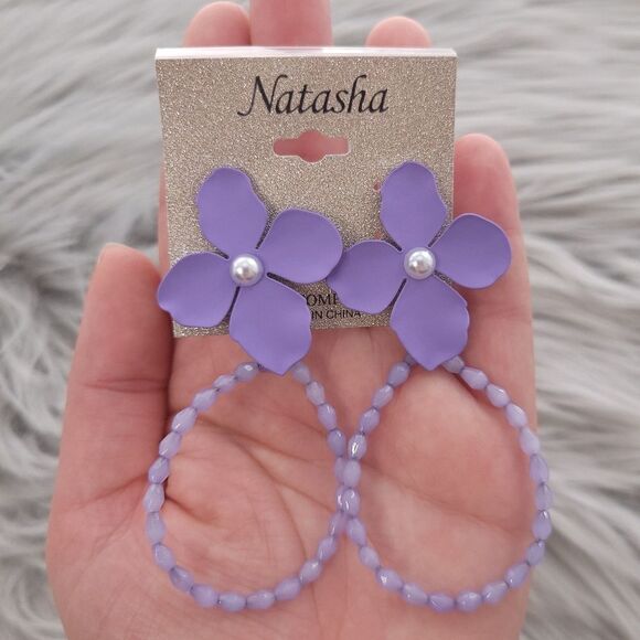 Natasha Purple Floral Hoop Beeds Earrings NWT - Picture 2 of 5